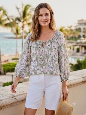 Karen Kane Cotton Floral Print Peasant Top Notch V-neck 3/4 Sleeve L